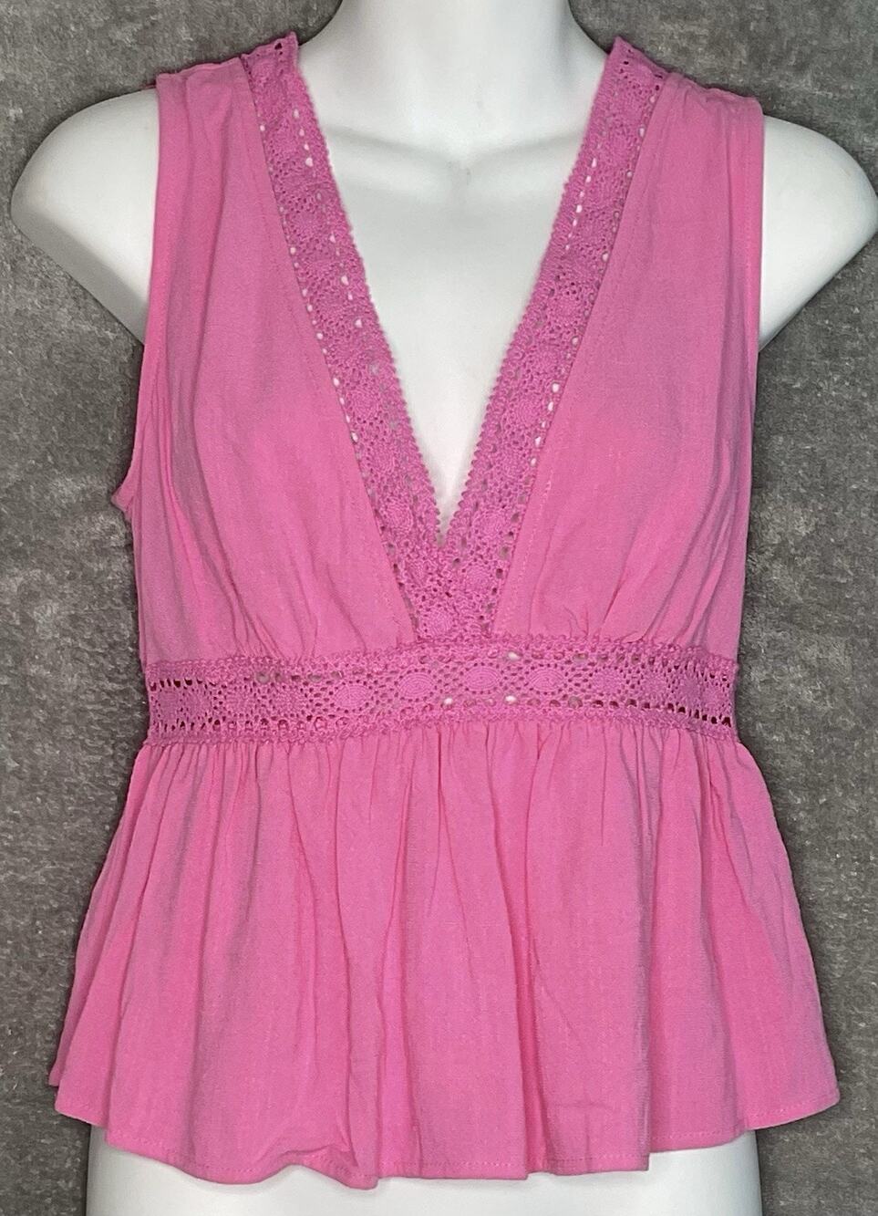 GLG Womens Pink Medium Top Boho Peasant String Tie Deep V Neck Blouse Shirt